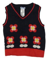 Tmavomodro-červená pletená vesta s kvetinami