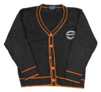 Tmavošedý vzorovaný propínací svetr s oranžovým lemem a nášivkou 