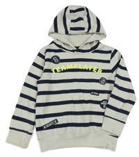 Sivo-tmavomodrá pruhovaná mikina s nápisom a kapucňou Topolino