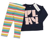 2set - Tmavomodrá mikina s potiskem + barevné pruhované legíny F&F