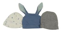 3set - 3x čepice - bílo-modrá s vesmírem + šedá žebrovaná + šedomodrá s oušky 