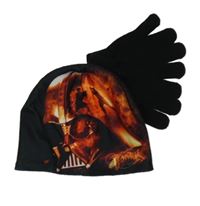 Nové - 2 Set - Čierno-oranžová pletená čapica s potiskem Star wars + prstové pletené rukavice