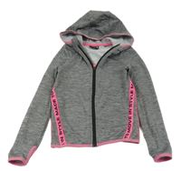 Sivá melírovaná športová prepínaci mikina s ružovymi pruhmi a kapucňou