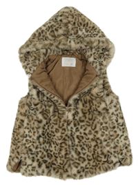 Béžová leopardí kožušinová podšitá vesta s kapucňou Zara