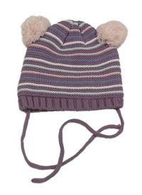 Fialovo-barevná pruhovaná pletená čepice s bambulemi Ergee
