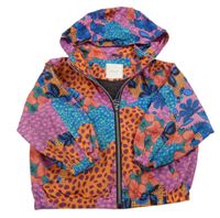 Fialovo-oranžovo-modrá vzorovaná šusťáková jarní bunda s květy a kapucí Next
