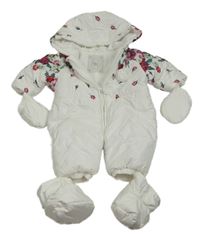 Biela šušťáková zimná kombinéza s kvetmi a kapucí + rukavičky + cápačky