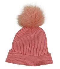 Růžová žebrovaná pletená čepice s bambulí C&A
