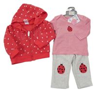 Nové - 3set - Jahodová mikina  se srdíčky + triko + tepláky  s beruškou 