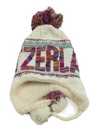 Smetanová pletená zateplená čepice s bambulemi