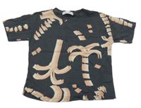 Tmavošedo-růžové tričko s palmami Zara 