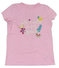 Ružové melírované tričko s nápismi a citrusy a kvietkami F&F