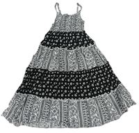 Čierno-biele vzorované letné dlhé šaty s kvietkami a bodkami Matalan