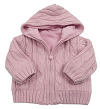 Světlerůžový vzorovaný pletený propínací zateplený svetr s kapucí Mothercare