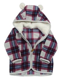 Světlešedo-vínovo-tmavomodrá kostkovaná fleecová propínací mikina s kapucí s oušky H&M