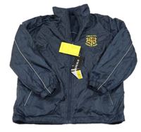 Nové - tmavomodrá kostkovaná šusťáková jarní oboustranná bunda s erbem a ukrývací kapucí Deer Park