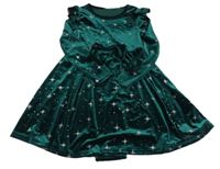 Smaragdové zamatové šaty s hviezdičkami a mašlou a volánikmi SHEIN