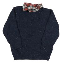 Tmavomodrý melírovaný vlněný svetr se všitou kostkovanou košilí Next