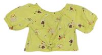 Citronové oversize crop tričko s lienkami a motýlikmi a kvietkami a uzlom Kids
