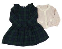 2Set - Smaragdovo-černo-tmavomodré kostkované šaty s volánky H&M + růžovo/béžovo/bílá pletená crop bunda 