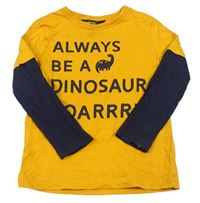 Hořčicovo-tmavomodré tričko s nápismi a dinosaurom George