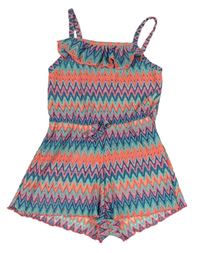 Tyrkysovo-neonově oranžovo-růžový vzorovaný kraťasový overal s volánem Primark
