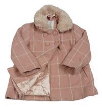 Starorůžovo-biely kockovaný podšitý kabát s kožešinou Next