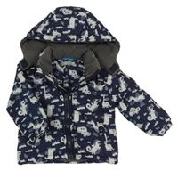 Tmavomodrá šusťáková zateplená bunda s dinosaury a kapucí