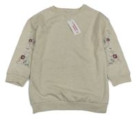 Nové - Béžová melírovaná dlouhá mikina s výšivkami květů na rukávech Yd.