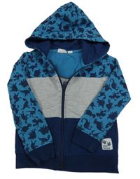 Petrolejovo-sivo-tmavomodrá prepínaci mikina s dinosaurami a kapucňou Impidimpi