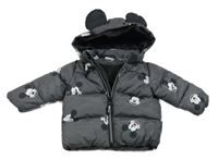 Tmavošedá melírovaná šusťáková zimní bunda s Mickeym a kapucí H&M