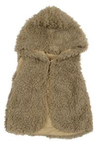 Hnedá kožušinová podšitá vesta s kapucňou