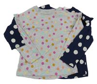 Nové - 2x triko - šedé melírované puntíkaté triko s volánky + tmavomodré Nutmeg
