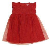 Červené trblietavé šaty s tylovou sukní a volánikmi F&F