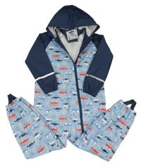 Světlemodro-tmavomodrá nepromokavá kombinéza s kapucí a dopravní prostředky Lupilu