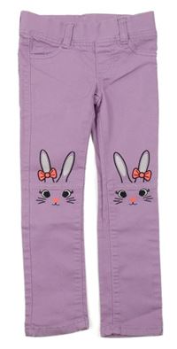 Lila plátenné elastické nohavice s králikmi