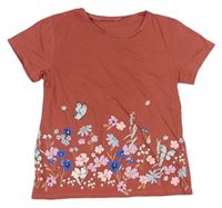 Tehlové tričko s kvetmi a motýlikmi