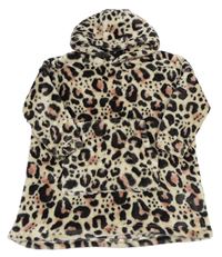 Hnedo-smotanová leopardí chlpatá oversize mikina s kapucňou Matalan