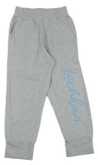 Sivé melírované tepláky s modrým nápisom