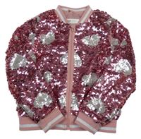 Růžová flitrová podšitá bunda se srdíčky H&M