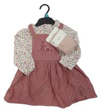 Nové - 3 set - růžové laclové manšestrové šaty + květované body + růžové vzorované punčocháče F&F