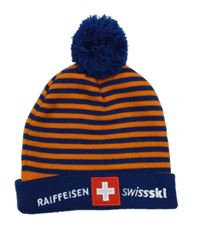 Tmavomodro-oranžová pruhovaná čapica s nápismi a brmbolcom