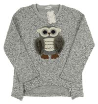 Nové - Sivá melírovaná pletená mikina so sovou