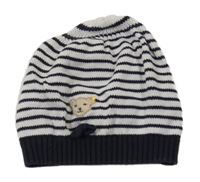 Tmavomodro-bílá pruhovaná čepice s mašlí 