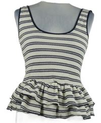 Dámský smetanovo-tmavomodrý pruhovaný pletený crop top s volánky 