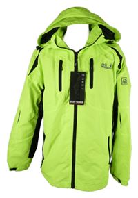 Nové - Pánská neonově zelená šusťáková outdoorová bunda s kapucí Jack Wolfskin 