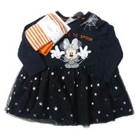 2set- čierne bavlněno/tylové šaty s Minnie+ pruhované pančuchy Disney