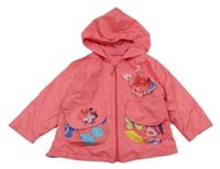 Ružová šušťáková jarná bunda s kvietkami a kapucňou