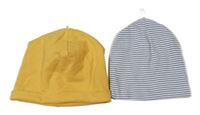 2x Čepice Modro-bílá pruhovaná + horčicová H&M