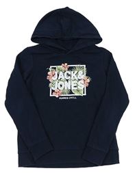 Tmavomodrá mikina s kvetmi a kapucňou Jack & Jones